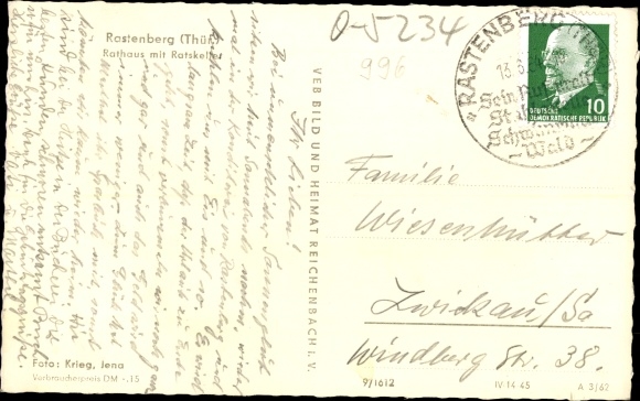 Ak Rastenberg in Thüringen, Rathaus, Ratskeller, HO-Gaststätte