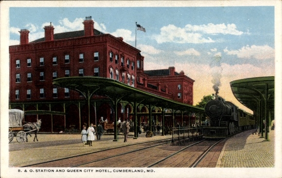 Ak Cumberland Maryland VS, treinstation, Queen City Hotel