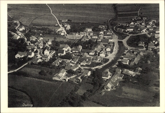 Postcard Daiting Monheim in Swabia, aerial view of many houses, church visible
