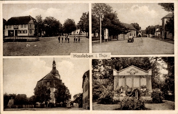 Ak Hassleben Thüringen, spielende Kinder, Kirche, Denkmal, Straßenpartie