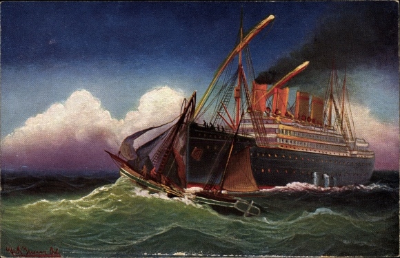 Artist Postcard over sailed, steamer drives against sailing boat