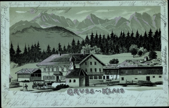 Moonlight Chromo-Litho Klais Krün Upper Bavaria, inn, chapel