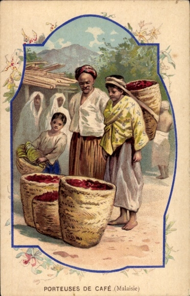 Postcard Malaysia, coffee carrier, coffee beans, advertising, Source St. Colomban