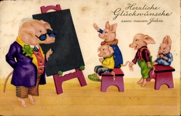 Postcard Happy New Year, pigs, school lessons