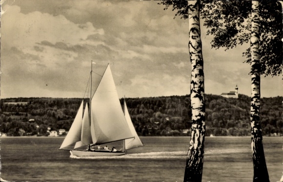 Herrsching am Ammersee, sailing training ship 'ALBATROS', view of the landscape, sailboat, B...
