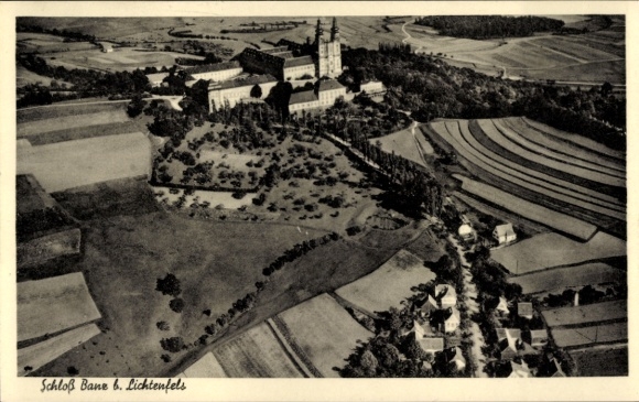 Postcard Lichtenfels am Main Upper Franconia, aerial view of Banz Castle, landscape with fields, trees