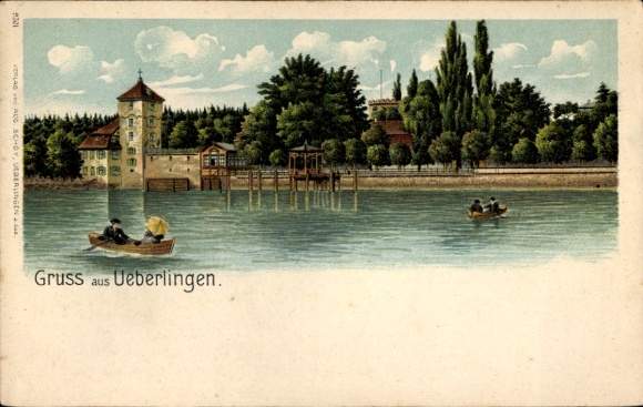 Chromo-Litho Überlingen on Lake Constance, shore, rowing boats