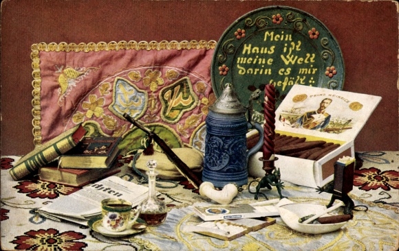 Postcard Still Life, My house is my world, in which I like it, Newspaper, Cigars, Books