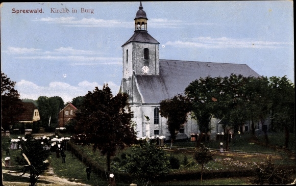 Postcard Burg Spreewald, view of the village towards the church
