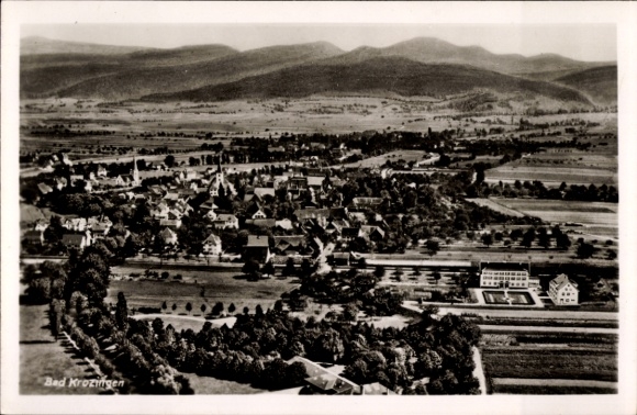 Postcard Bad Krozingen im Breisgau Black Forest, aerial view of mountains in the background, black and white