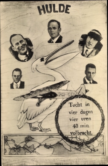 Postcard Dutch aviation pioneers, daughter in four days accomplished four years, airplane, Pelikan, KLM