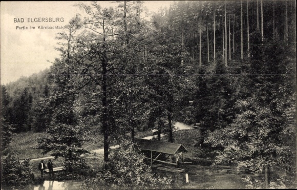 Postcard Elgersburg in Thuringia, landscape in the Körnbach valley, trees, hut, people at the water
