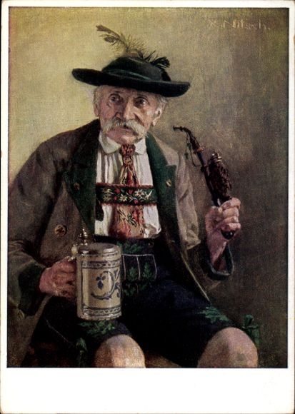 Artist Postcard Nitsch, R., German Empire, folk costumes, Bavarian farmer from Bad Tölz, pipe