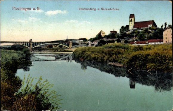 Postcard Plochingen in the district of Esslinge, Filsmündung and Neckarbrücke