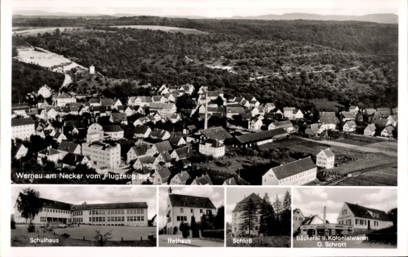 Postcard Wernau am Neckar, aerial photograph, schoolhouse, town hall, castle, grocery store