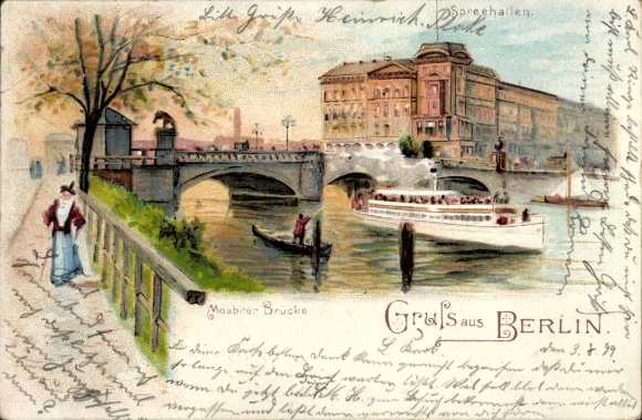 Litho Berlin Tiergarten Moabit, Spreehallen, Moabiter Brücke, Dampfer, Rudern