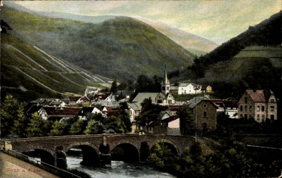 Postcard Rech ad Ahr, panorama, bridge, church tower