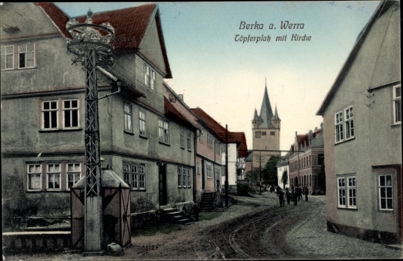 Postcard Berka an der Werra Thuringia, Pottery Square, Church