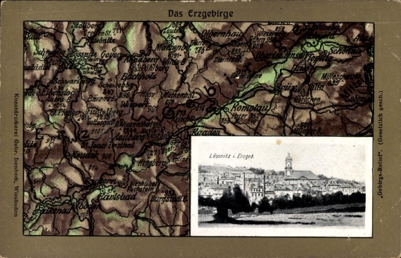 Relief maps Postcard Lößnitz Lössnitz in the Ore Mountains, general view