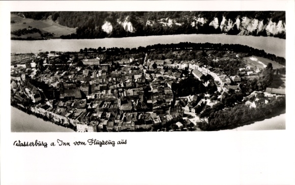 Postcard Wasserburg am Inn Upper Bavaria, aerial view of river landscape, city view