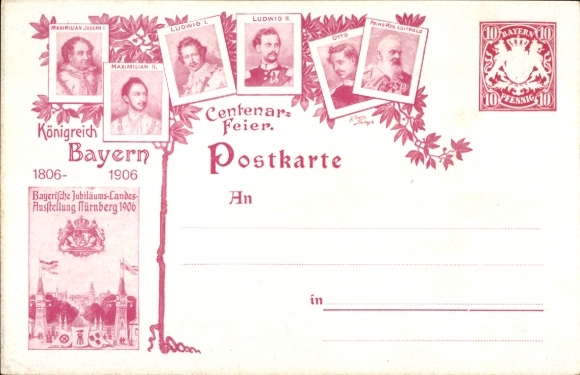 Postwaardestuk ansichtkaart eeuwfeest Koninkrijk Beieren 1906, prins-regent Luitpold van Beieren, Ludwig II.