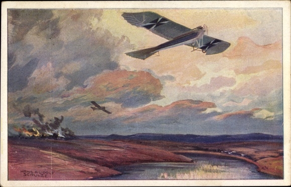 Künstler Ak Schulze, Hans Rudolf, Militärtaube auf Erkundungsflug bei den Masurischen Seen, I. WK