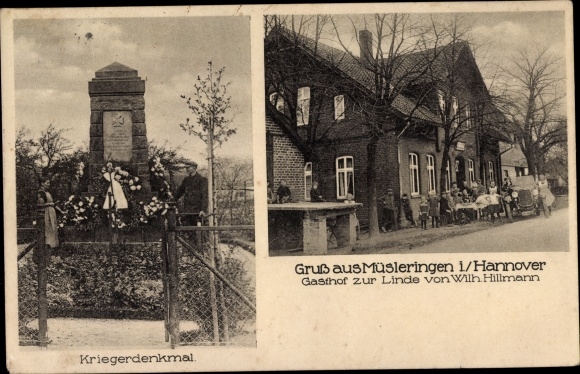 Postcard Müsleringen Stolzenau on the Weser, Gasthof zur Linde, war memorial