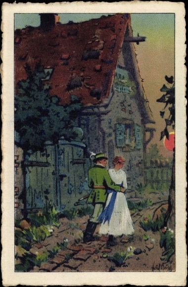 Artist PC Kux, Erich, sunset, couple in front of a house