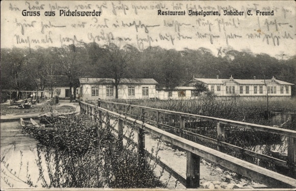 Postcard Berlin Spandau Wilhelmstadt Pichelswerder, Restaurant Inselgarten