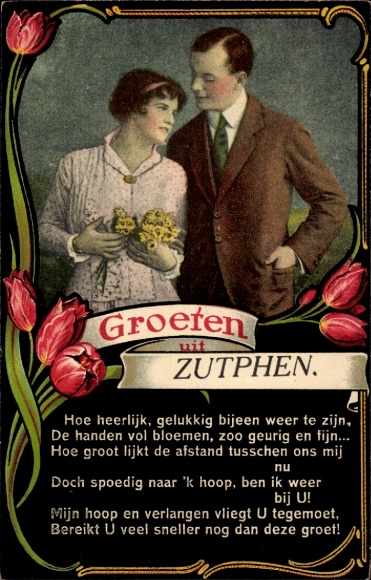 Gedicht Passepartout Ak Zutphen Gelderland, Grüße aus, Liebespaar