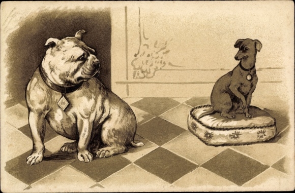 Embossed Chromo-Litho Two dogs, bulldog, terrier on a pillow