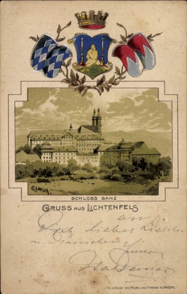 Coat of arms passepartout artist Postcard Loesch, E., Bad Staffelstein am Main Upper Franconia, Banz Castle