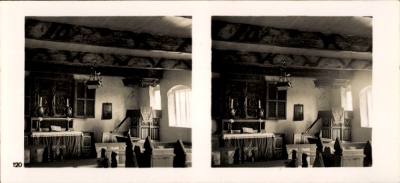 Stereo image photo "German Gaue", No. 120 Hallig Oland North Friesland, village church, interior view