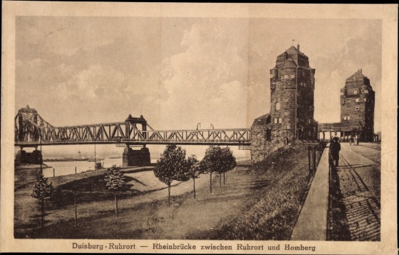 KP Ruhrort Duisburg w Zagłębiu Ruhry, most na Renie pomiędzy Ruhrort i Homberg