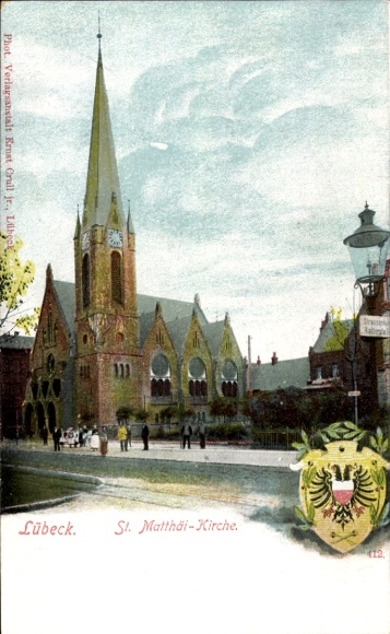 Postcard Hanseatic City of Lübeck, St. Matthäi Church, tower, architecture
