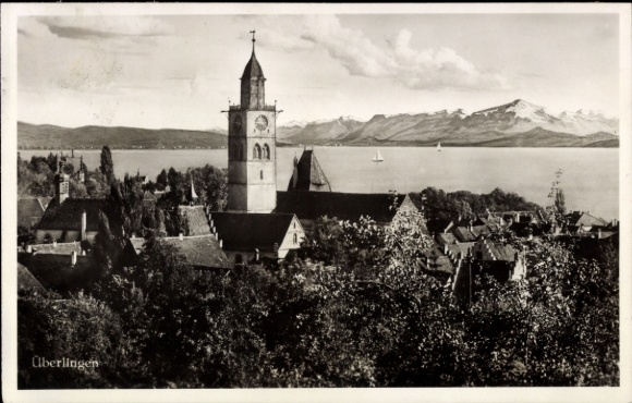 Postcard Überlingen on Lake Constance, beautiful landscape, church, lake, mountains, architecture, sailboat