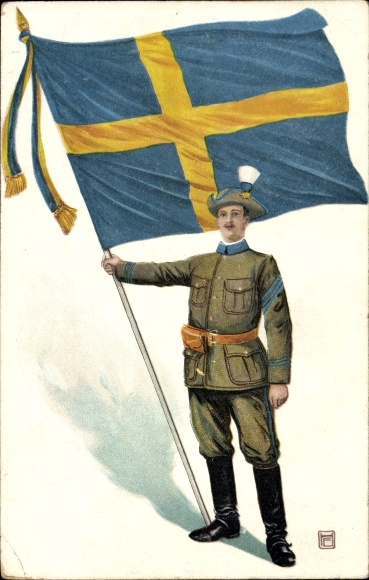Postcard Sweden, soldier with country flag