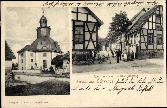 Postcard Schwenda Südharz, inn by Gustav Mohring, church, residents, wagon