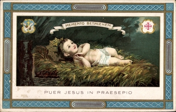 Postcard Memento Bethlehem, Puer Jesus in Praesepio