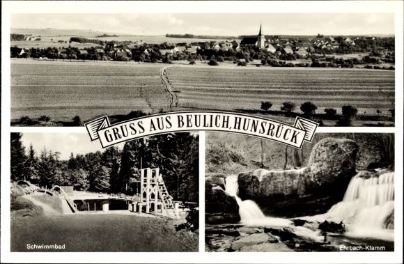 Postcard Beulich in the Hunsrück, swimming pool, Ehrbach Gorge, panorama of the place
