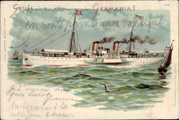 litho saloon express stoomschip Germania, rederij Braeunlich Stettin