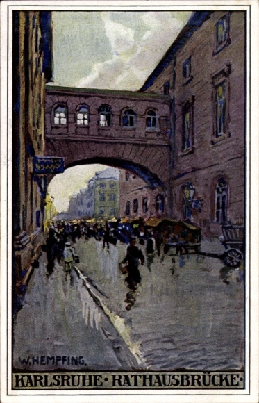 Artist Postcard Hempfing, W., Karlsruhe in Baden, Rathausbrücke