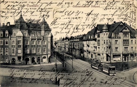Postcard Dresden Trachau, Großenhainer Straße, pharmacy, tram