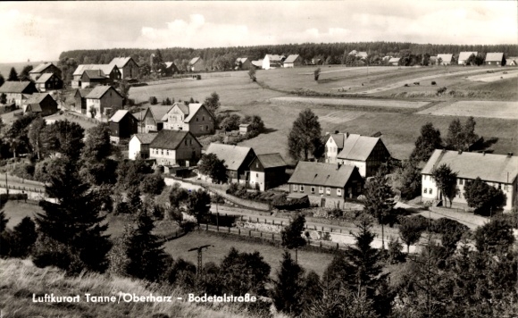 Postcard Tanne Oberharz am Brocken, climatic health resort Tanne, Bodetalstraße, landscape, houses, forest