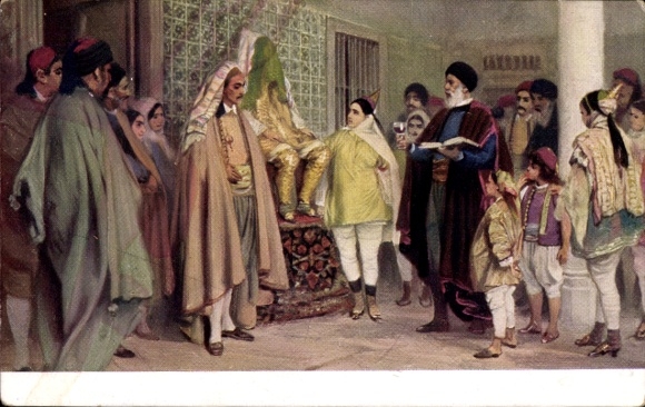Judaika Postcard Jews in traditional costumes, festival, family