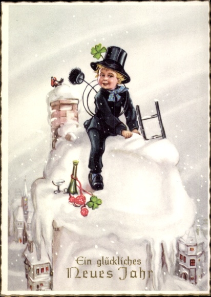 Chromo-Litho Happy New Year, clover, chimney sweep