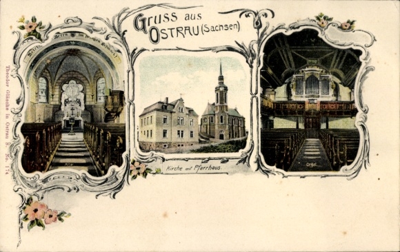 Ak Ostrau in Sachsen, Kirche mit Pfarrhaus, Innensicht der Kirche