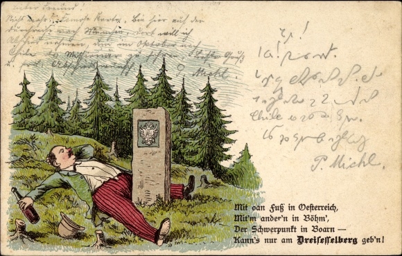 Litho Haidmühle Kalte Moldau Niederbayern, Betrunkener, Fuß in Österreich und Böhmen, Dreisesselberg