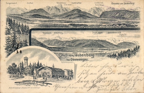 Chromo-Litho Oberwarngau Warngau, panorama from Taubenberg, Kampenwand, Schliersee, Rote Wand