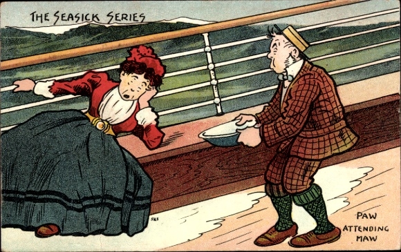 Künstler Ak Seekranke Frau, Humor, Paw attending Maw